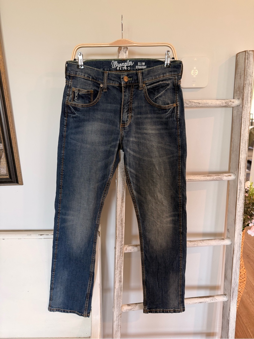 Wrangler Retro Jeans Mens 30x32 Blue Denim Slim Straight Stretch Medium Wash